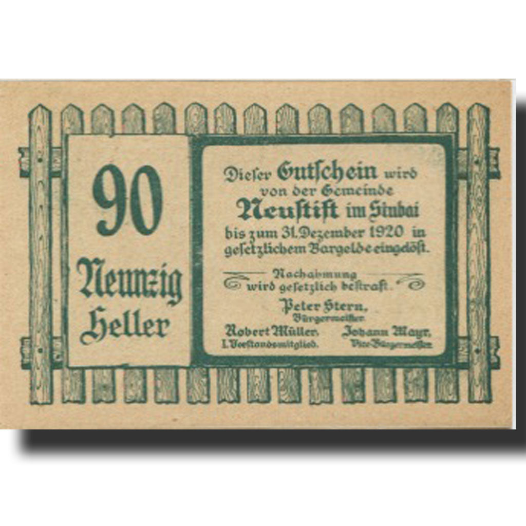 Banknote, Austria, Neuftift, 90 Heller, village, 1920 UNC(63) Mehl:FS 667