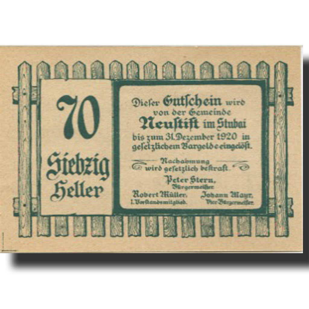 Banknote, Austria, Neuftift, 70 Heller, montagne, 1920 UNC(63) Mehl:FS 667