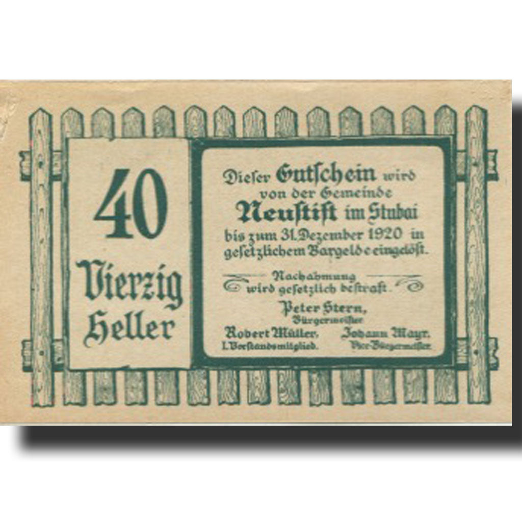 Banknote, Austria, Neuftift, 40 Heller, chalet, 1920, AU(55-58) Mehl:FS 667