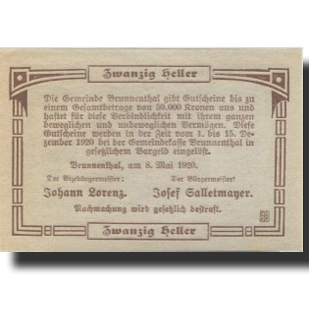 Banknote, Austria, Brunnenthal, 20 Heller, hôtel, 1920, UNC(63) Mehl:FS 111a