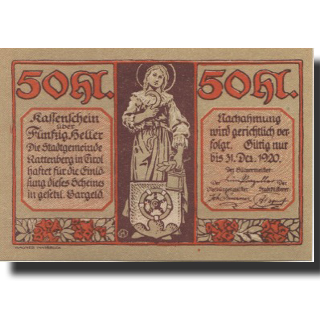 Banknote, Austria, Rattenberg, 50 Heller, village, 1920 UNC(63) Mehl:FS 821I