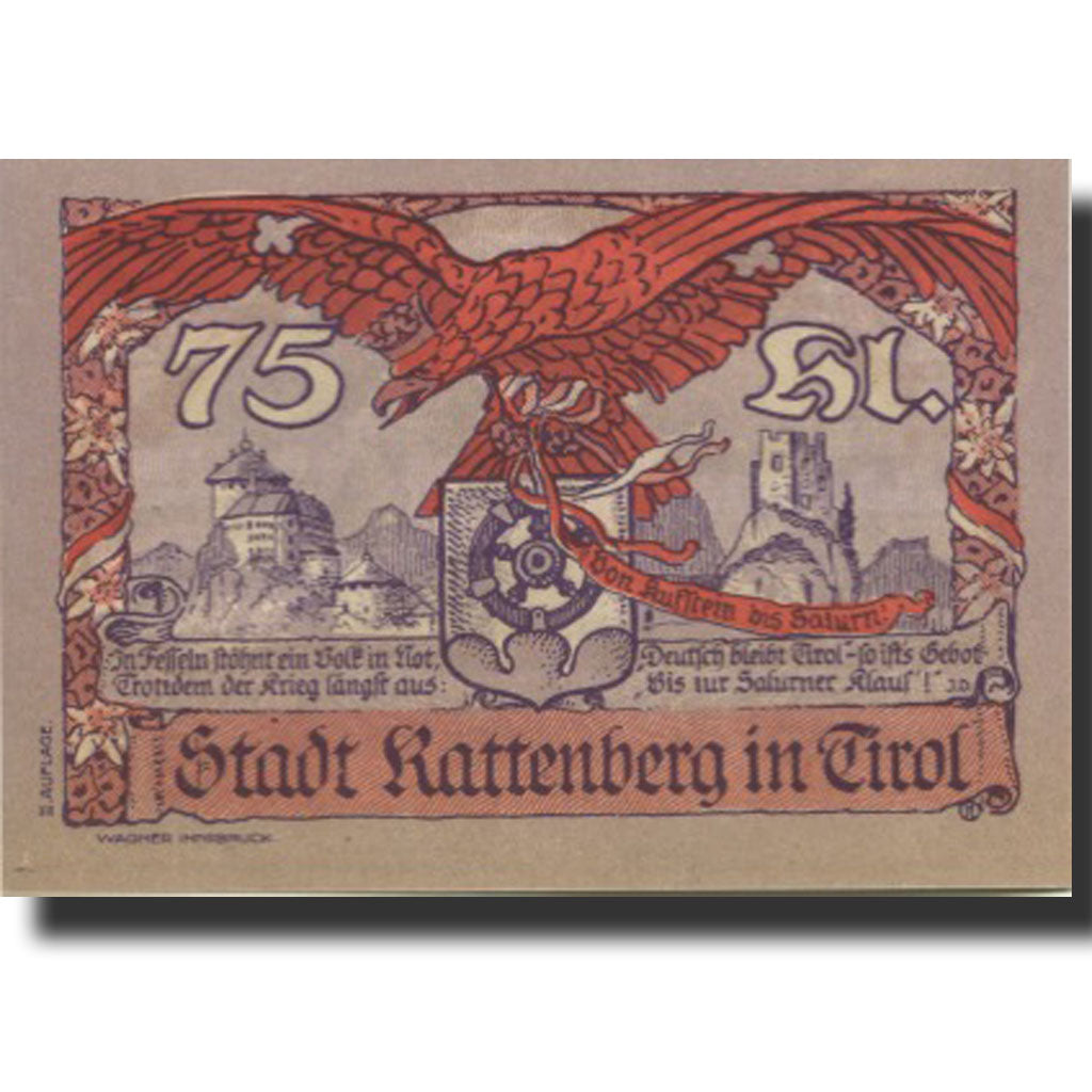 Banknote, Austria, Rattenberg, 75 Heller, château, 1920 UNC(63) Mehl:FS 821I