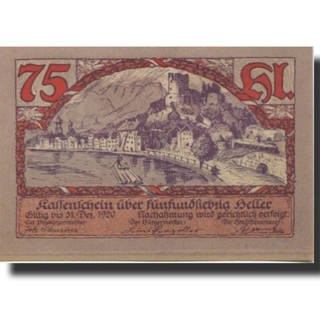 Banknote, Austria, Rattenberg, 75 Heller, château, 1920 UNC(63) Mehl:FS 821I