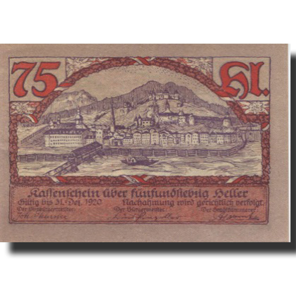 Banknote, Austria, Rattenberg, 75 Heller, château 1, 1920 UNC(63) Mehl:FS 821I