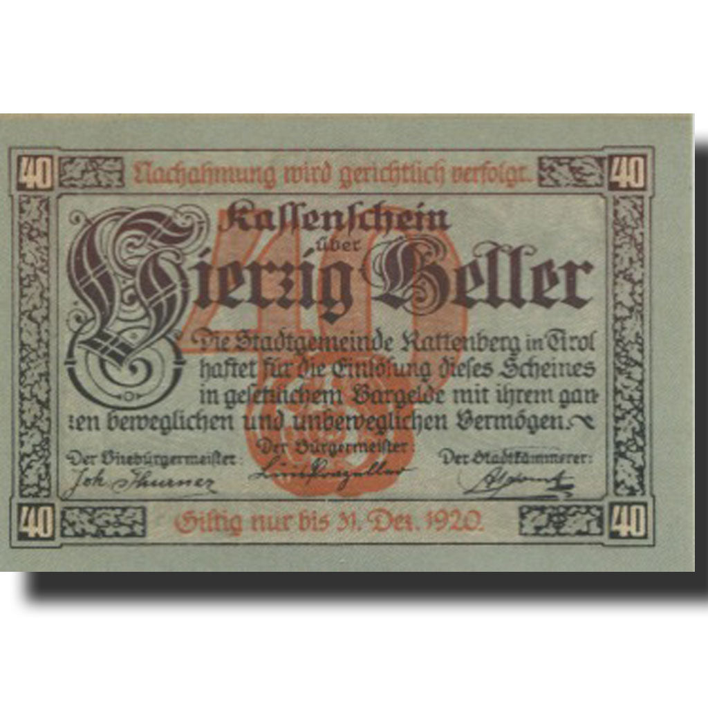 Geldschein, Österreich, Rattenberg, 40 Heller, village, 1920 UNZ- Mehl:FS 821I