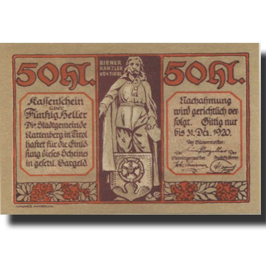 Banconote, Austria, Rattenberg, 50 Heller, personnage, 1920 SPL Mehl:FS 821I