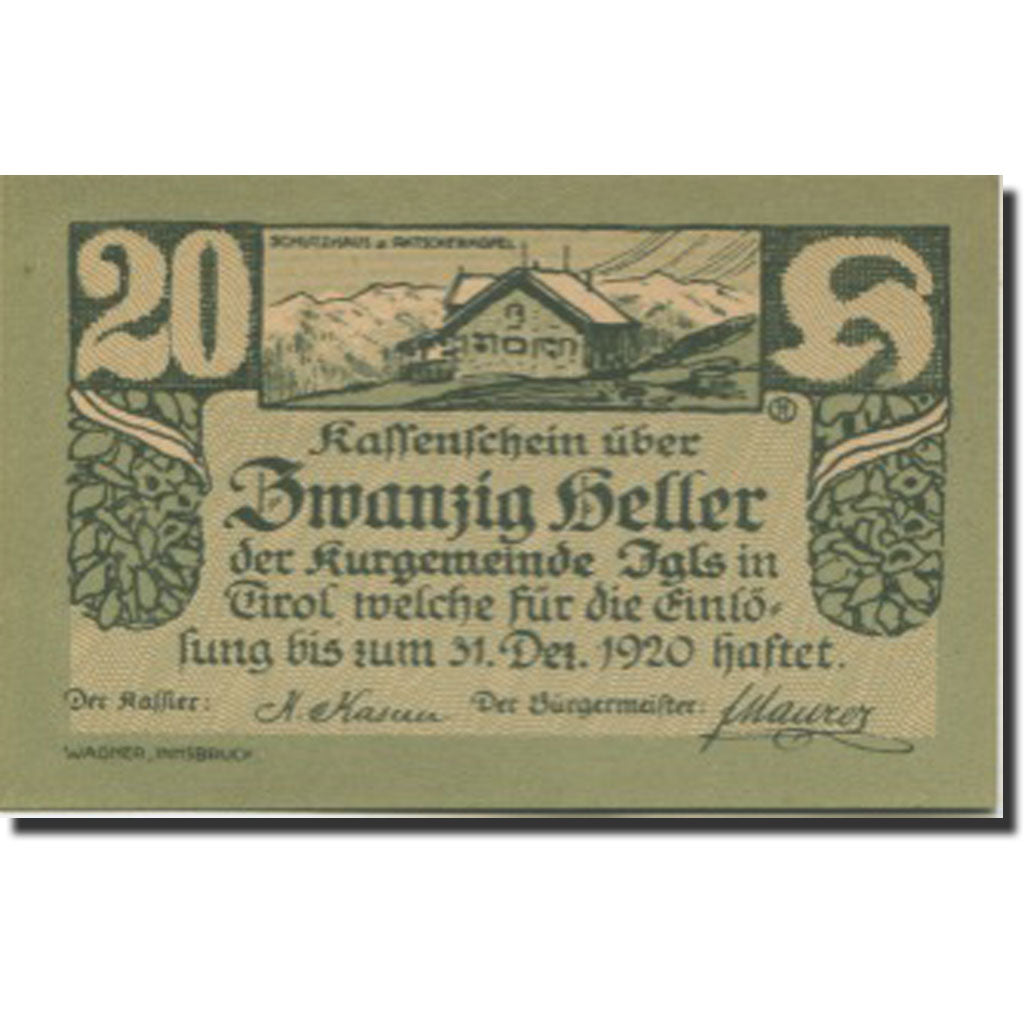 Banknote, Austria, Igls, 20 Heller, chalet, 1920 UNC(63), Mehl:FS 403