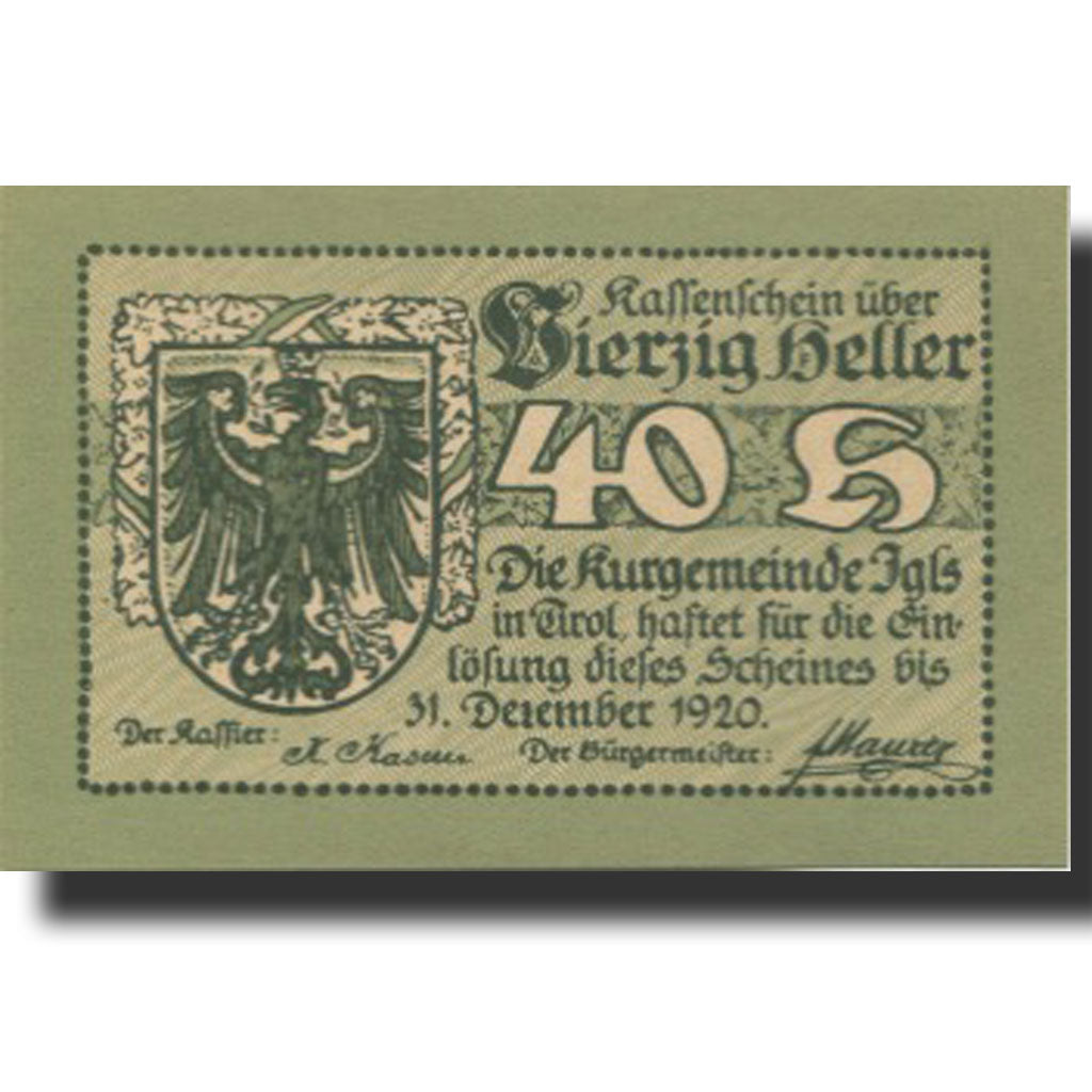 Banknote, Austria, Igls, 40 Heller, montagne 1920-12-31, UNC(63), Mehl:FS 403