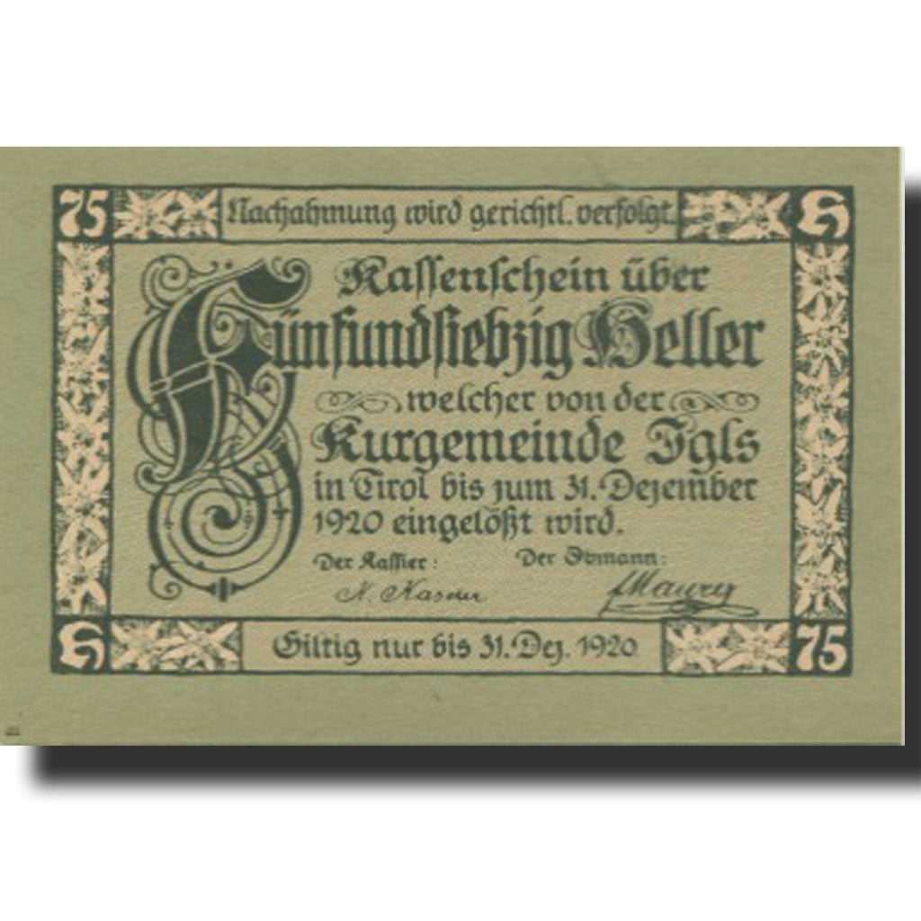 Banconote, Austria, Igls, 75 Heller, hôtel, 1920, 1920-12-31, SPL, Mehl:FS 403