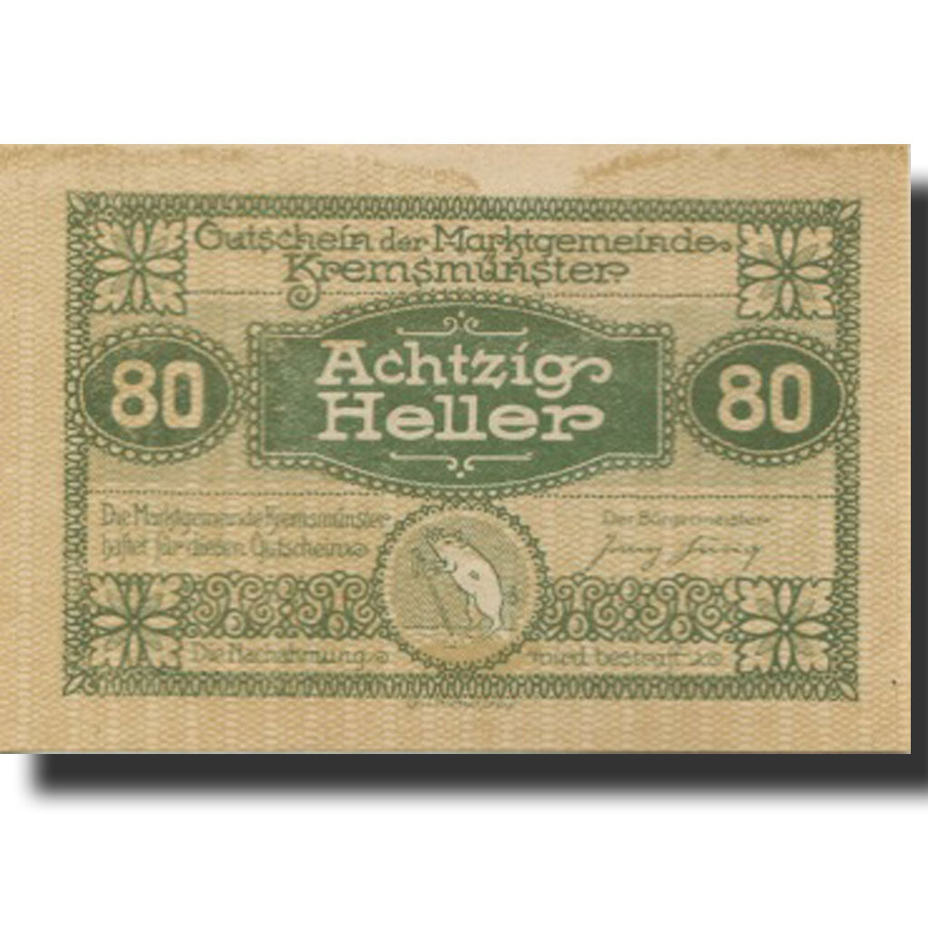 Banknote, Austria, Kremsmunster, 80Heller, paysage, 1920 UNC(63) Mehl:FS 476IIIc