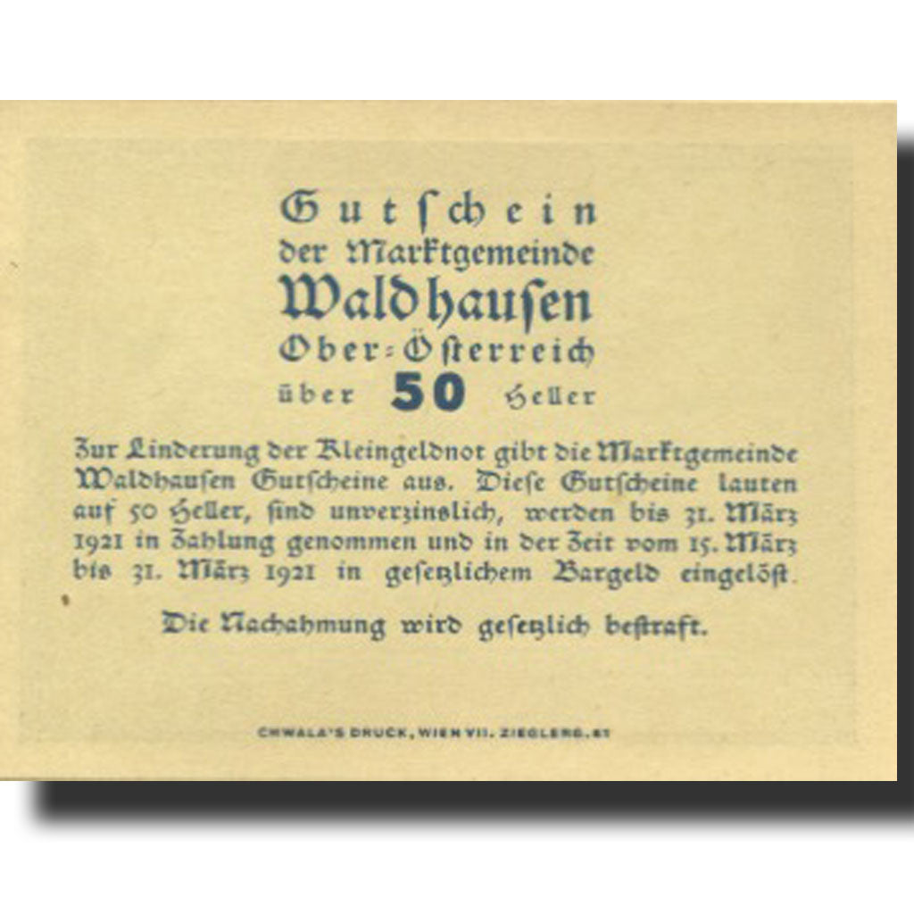 Banknote, Austria, Waldhausen, 50 Heller, monastère, 1921 UNC(63) Mehl:FS 1131c1