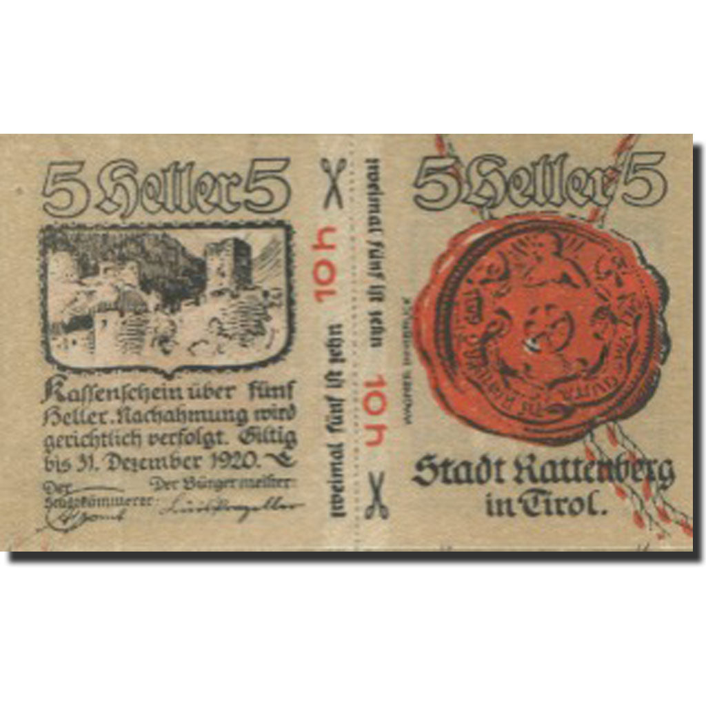 Banknote, Austria, Rattenberg, 5 Heller, château, 1920 UNC(63) Mehl:FS 821I