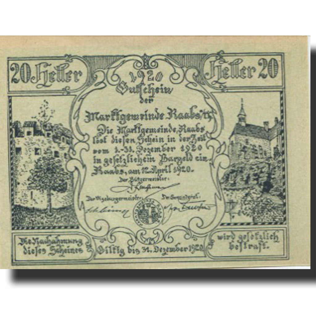 Banknote, Austria, Raabs, 20 Heller, château, 1920 UNC(63) Mehl:FS 806b
