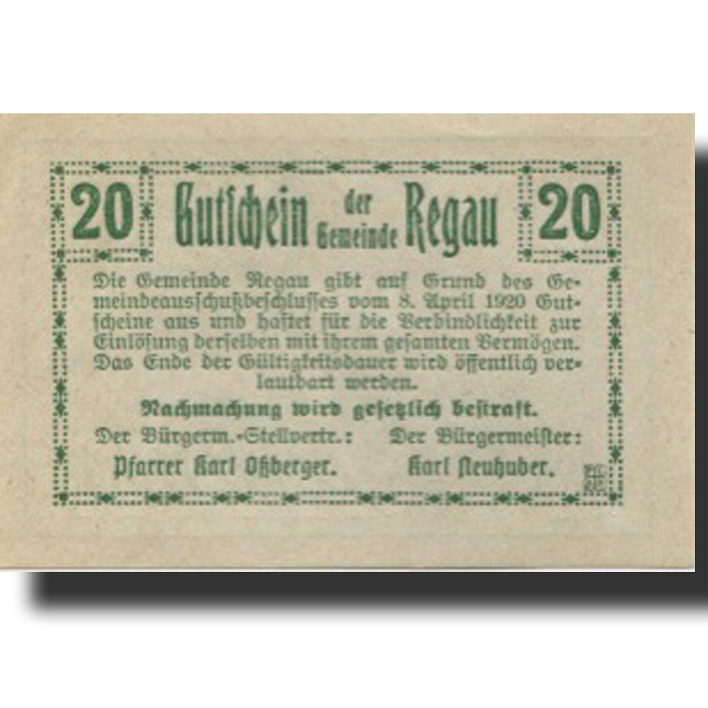 Banknote, Austria, Regau, 20 Heller, Eglise 1, 1920 UNC(63) Mehl:FS 825