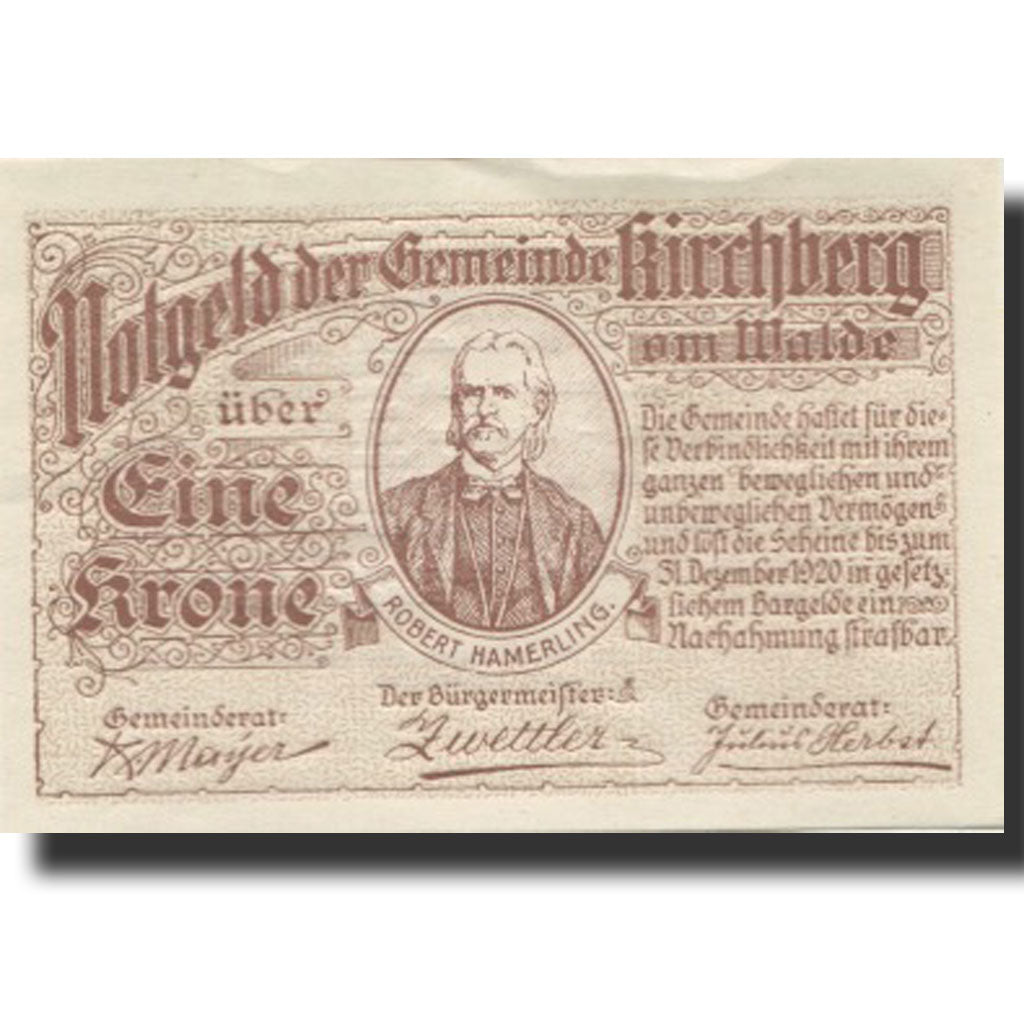Banknote, Austria, Kirchberg, 1 Krone, personnage, 1920 UNC(63) Mehl:FS 440a