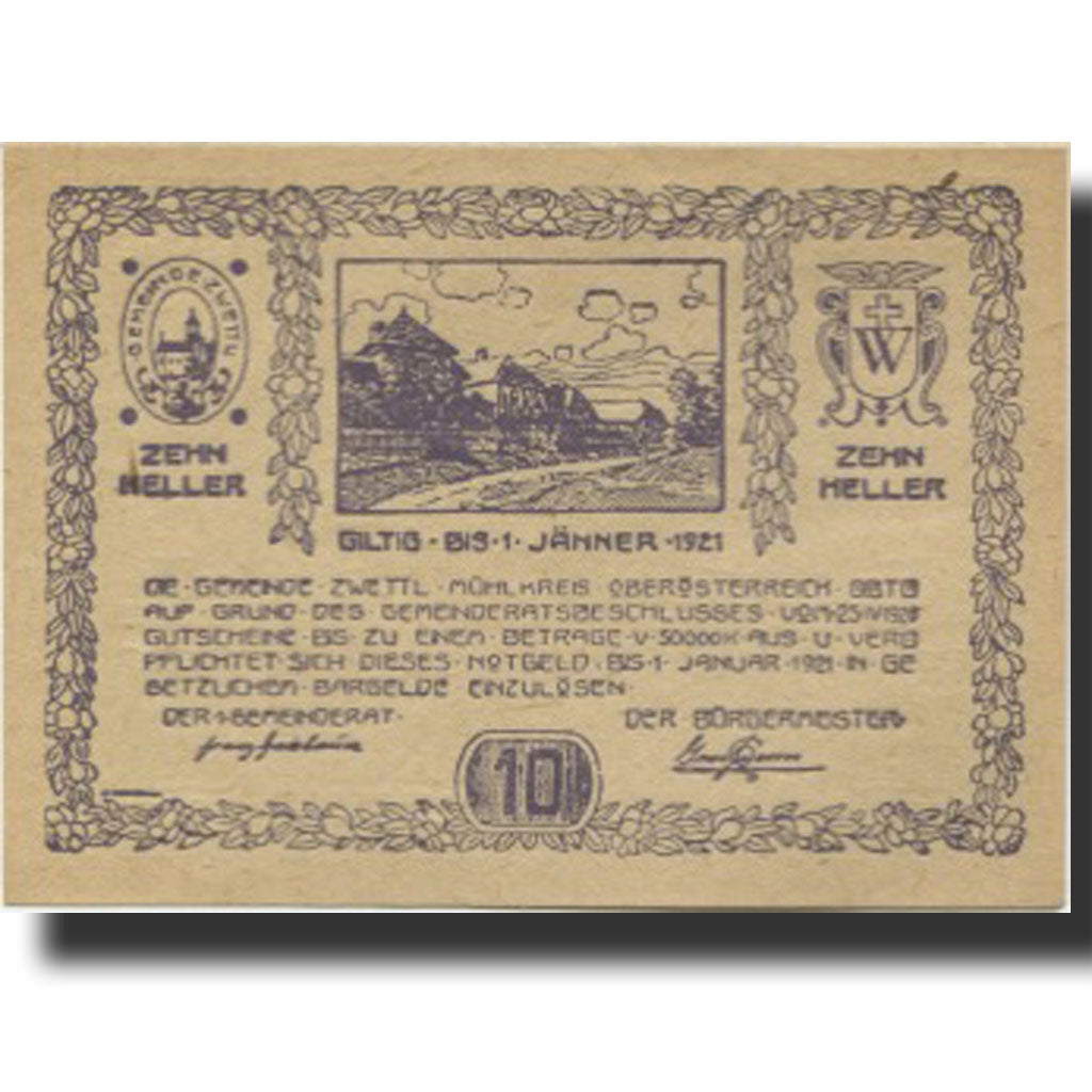 Billet, Autriche, Zwettl, 10 Heller, village 1921-01-01, SPL Mehl:FS 1279a