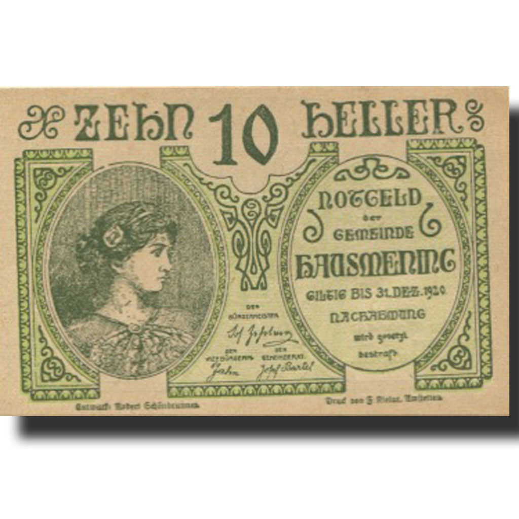 Billet, Autriche, Hausmening, 10 Heller, personnage, 1920 SPL Mehl:FS 358Ia