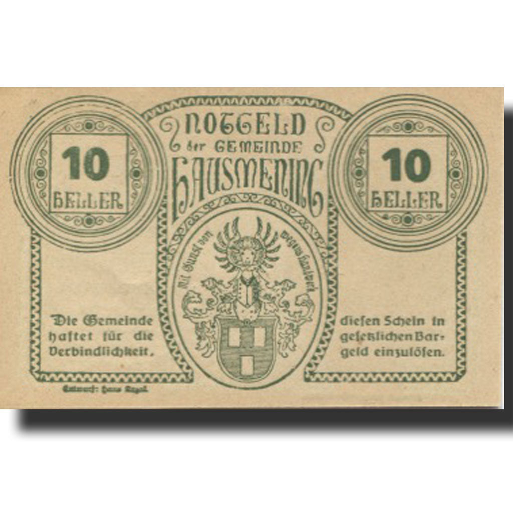 Billet, Autriche, Hausmening, 10 Heller, personnage, 1920 SPL Mehl:FS 358Ia