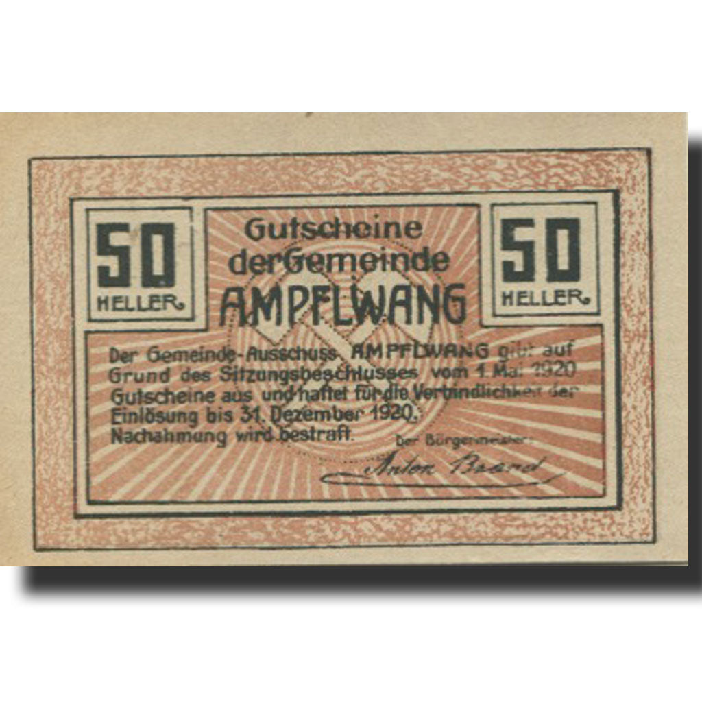 Banknote, Austria, Ampflwang, 50 Heller, village, 1920, UNC(63) Mehl:FS 36a