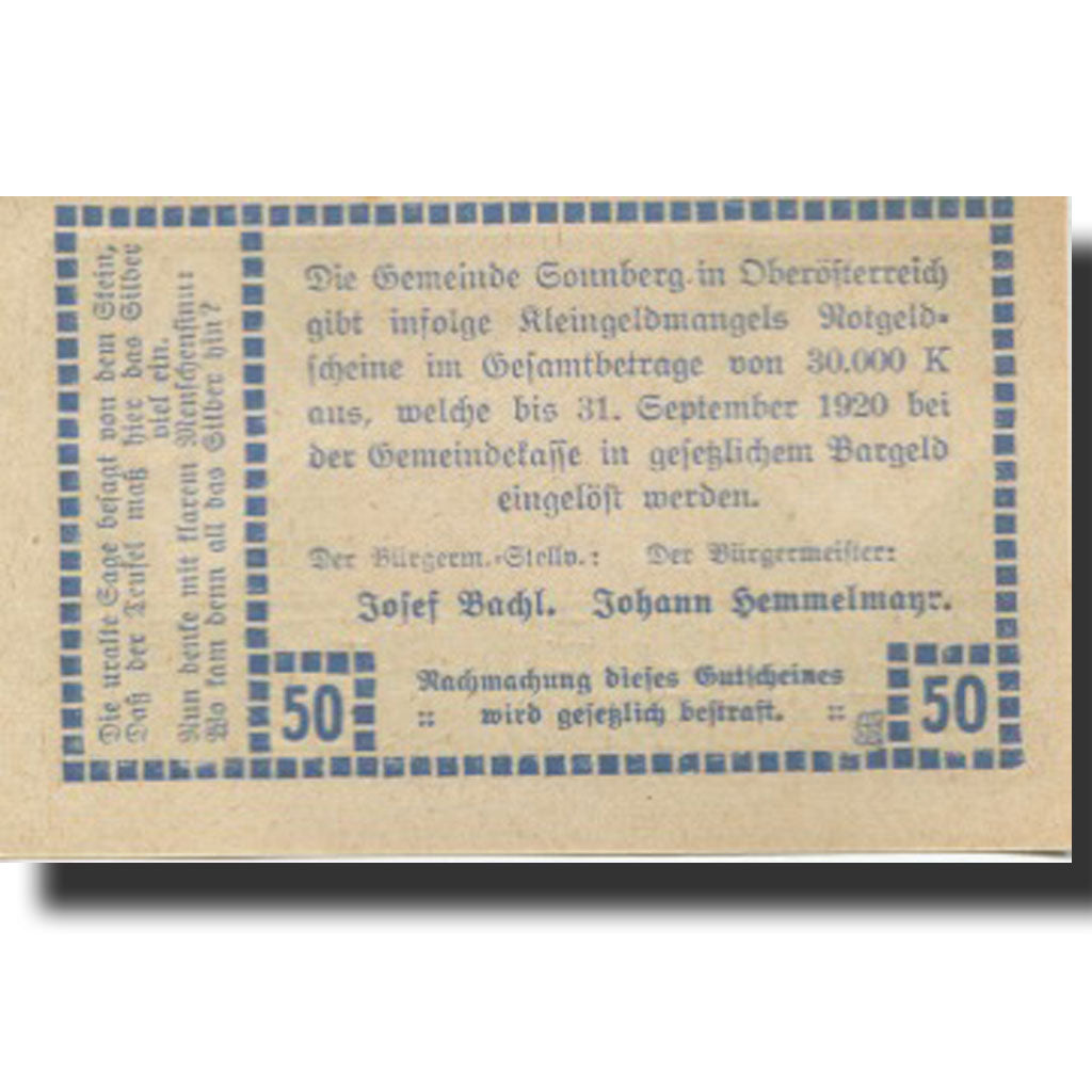 Banknote, Austria, Sonnberg, 50 Heller, rocher, 1920 UNC(63) Mehl:FS 1003a