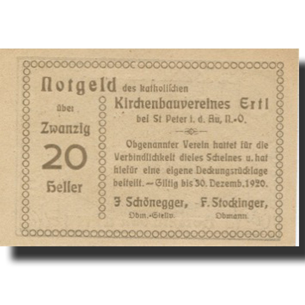 Billet, Autriche, Ertl, 20 Heller, village, 1920, 1920-12-30, SPL, Mehl:FS 185a