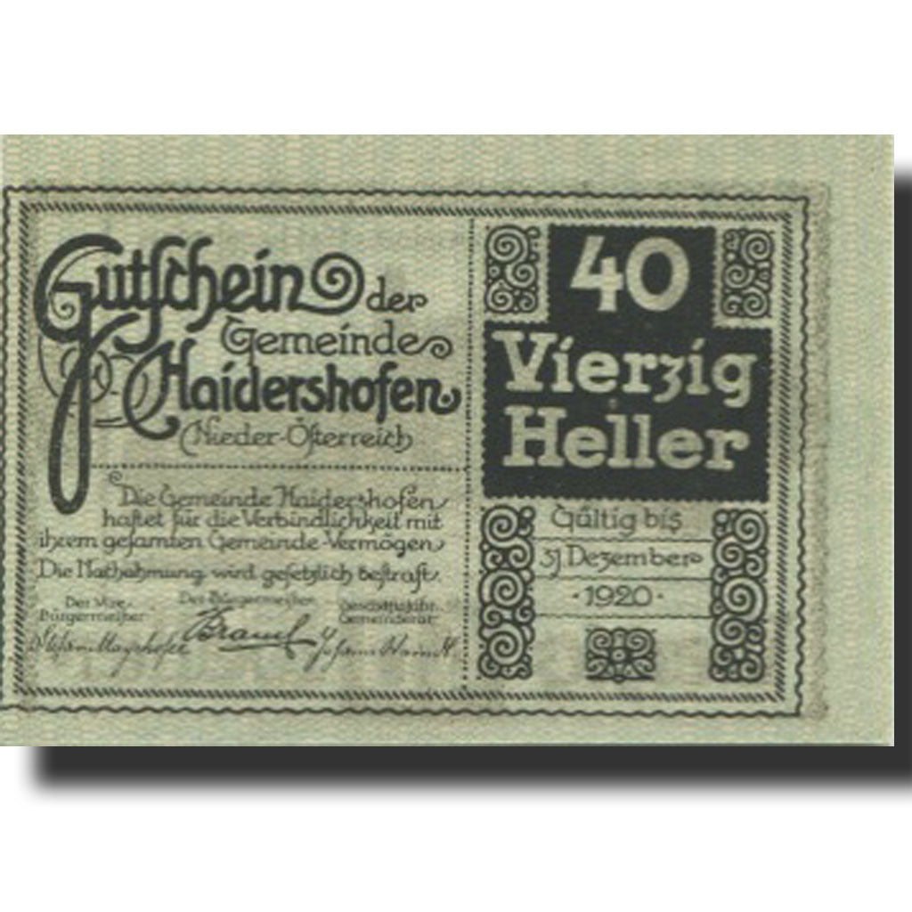 Banknote, Austria, Haidershofen, 40 Heller, Eglise, 1920 UNC(63) Mehl:FS 335Ia