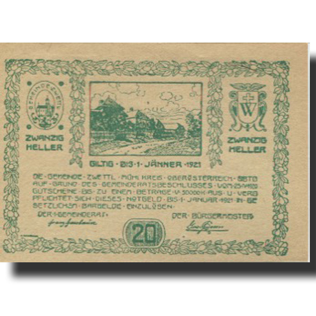 Billet, Autriche, Zwettl, 20 Heller, Eglise 1921-01-01, SPL Mehl:FS 1279a