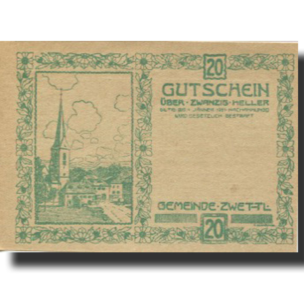 Billet, Autriche, Zwettl, 20 Heller, Eglise 1921-01-01, SPL Mehl:FS 1279a