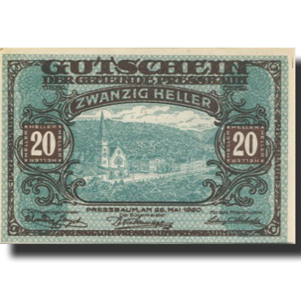 Banknote, Austria, Pressbaum, 20 Heller, Eglise, 1921, UNC(63) Mehl:FS 784a