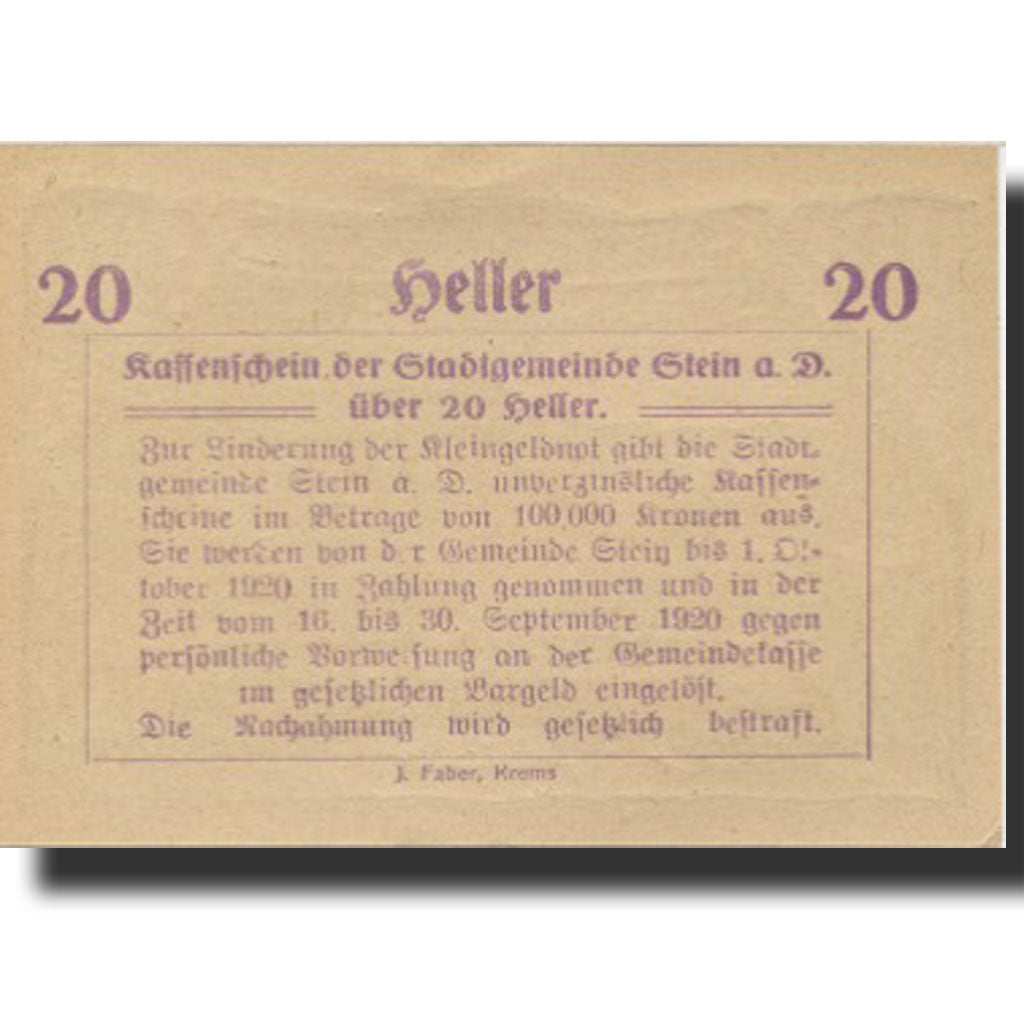 Banknote, Austria Stein a/d Donau 20Heller paysage 1920 UNC(63) Mehl:FS 1015I.2