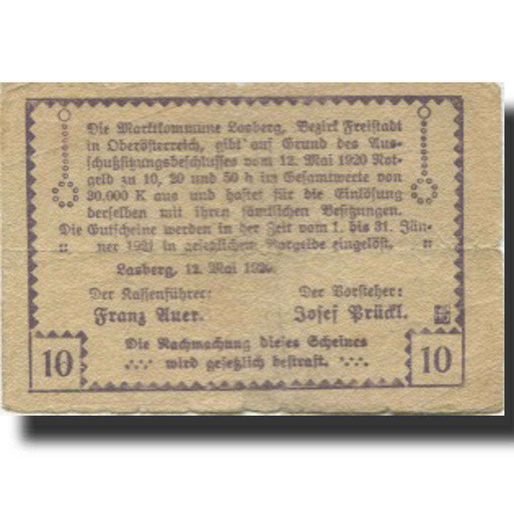Banknote, Austria, Lasberg, 10 Heller, paysage, 1921 VF(20-25) Mehl:FS 505b