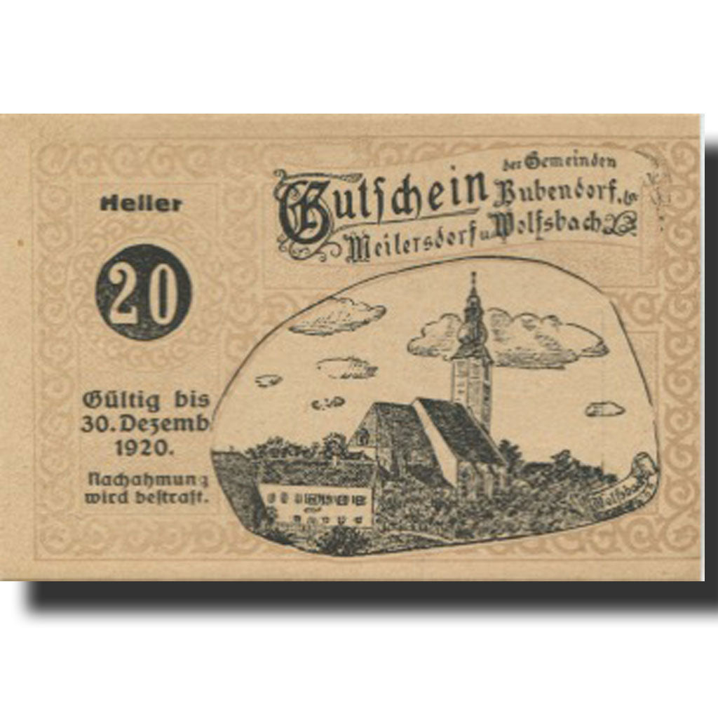 Banknote, Austria, Bubendorf, 20 Heller, Eglise, 1920 UNC(63) Mehl:FS 112a