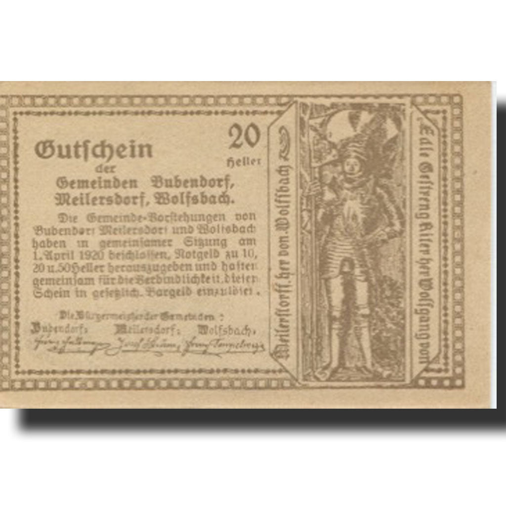 Banknote, Austria, Bubendorf, 20 Heller, Eglise, 1920 UNC(63) Mehl:FS 112a