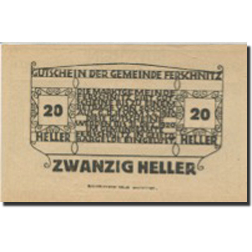 Banknote, Austria, Ferschnitz, 20 Heller, Eglise, 1920 UNC(63) Mehl:FS 198a