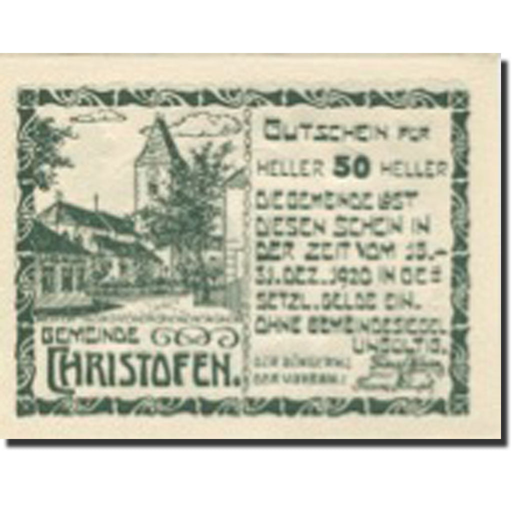 Banknote, Austria, Christofen, 50 Heller, Eglise, 1920, UNC(63) Mehl:FS 117a