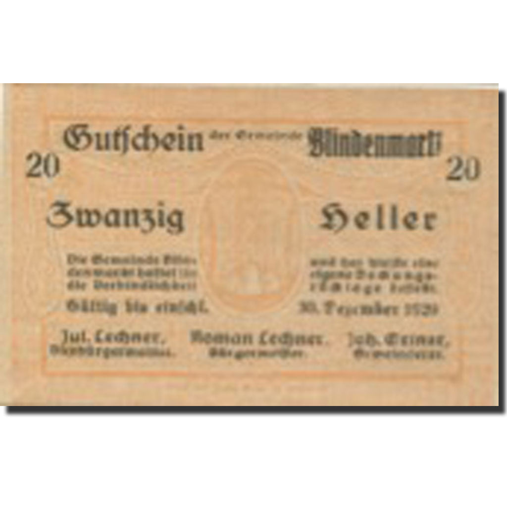 Banknote, Austria, Blindenmarkt, 20 Heller, Blason, 1920 UNC(63) Mehl:FS 93If