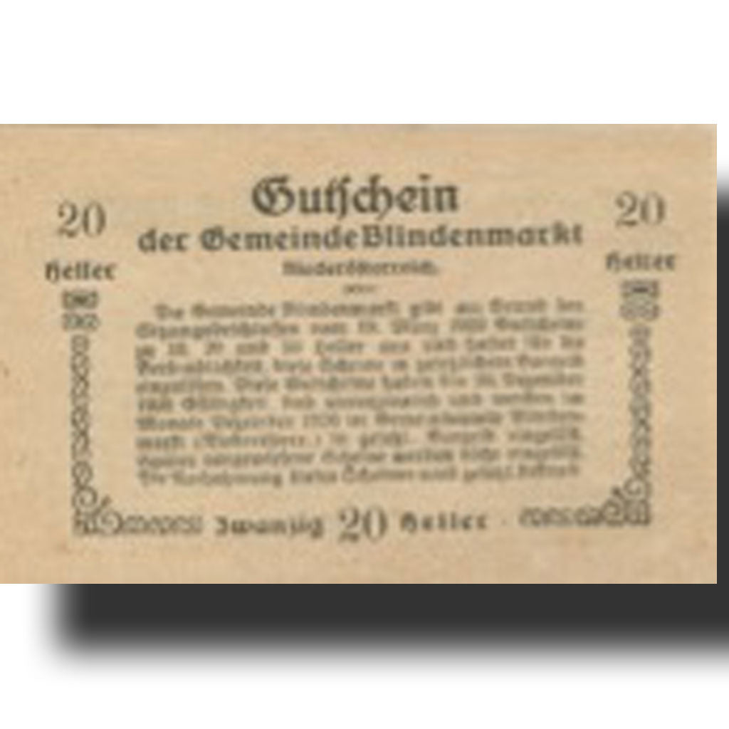 Banknote, Austria, Blindenmarkt, 20 Heller, Blason, 1920 UNC(63) Mehl:FS 93If