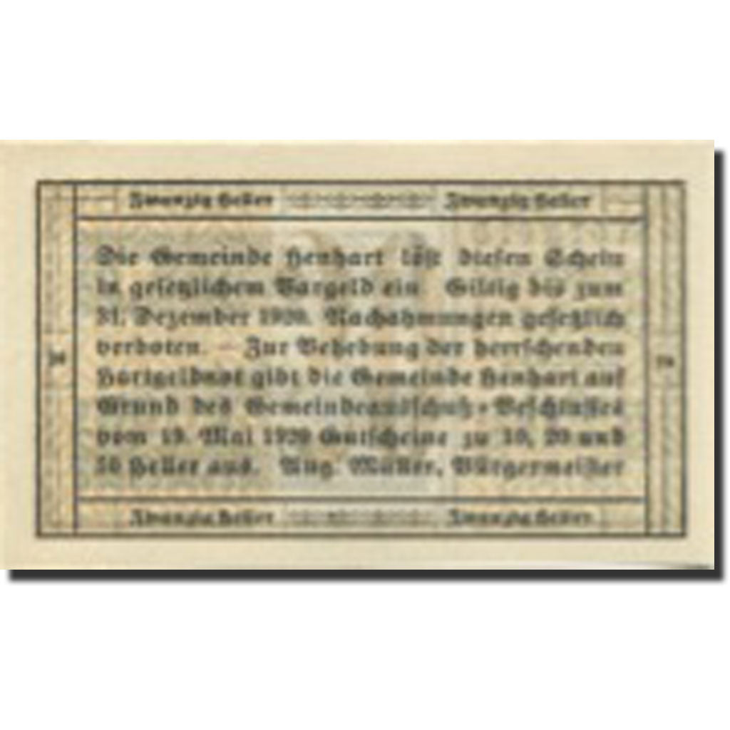 Banknote, Austria, Henhart, 20 Heller, village, 1920 UNC(63) Mehl:FS 366a