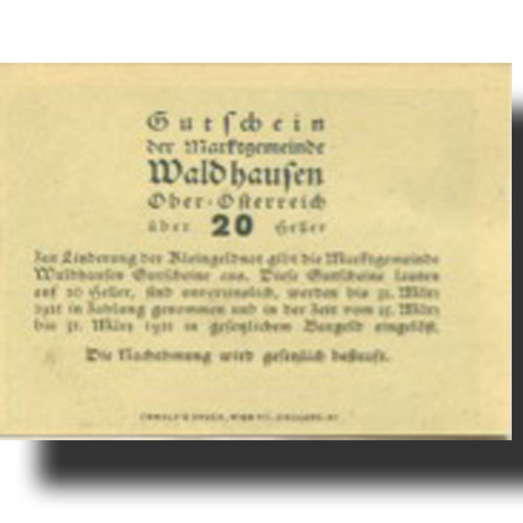 Banknote, Austria, Waldhausen, 20 Heller, monastère, 1921 UNC(63) Mehl:FS 1131b1