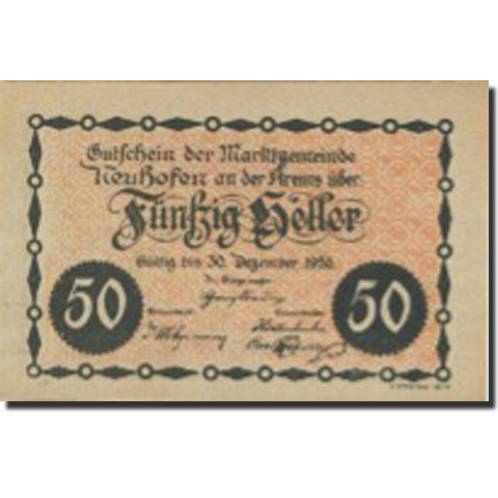 Banconote, Austria, Neuhofen, 50 Heller, rue 1920-12-30, SPL Mehl:FS 648a
