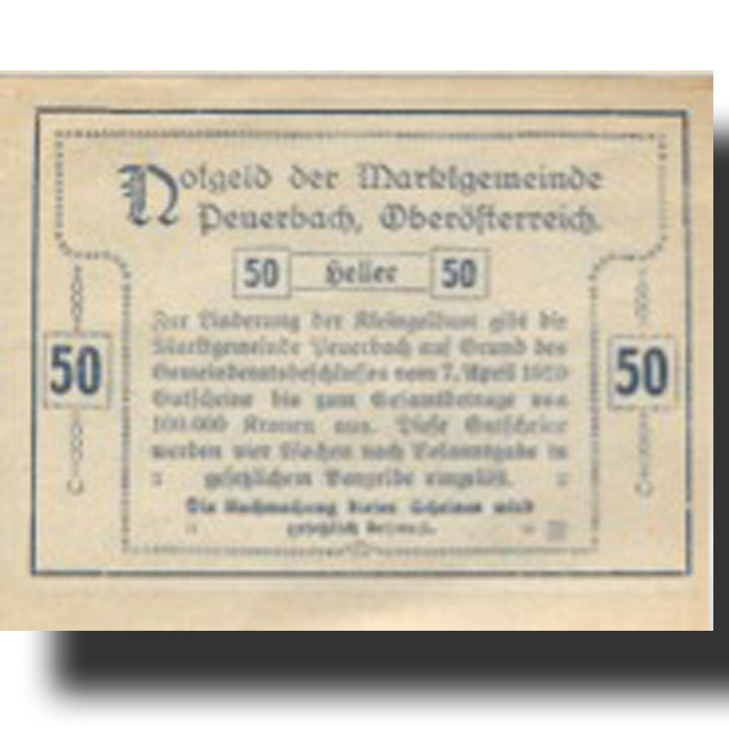 Banknote, Austria, Peuerbach, 50 Heller, village, 1920 UNC(63) Mehl:FS 741IIa
