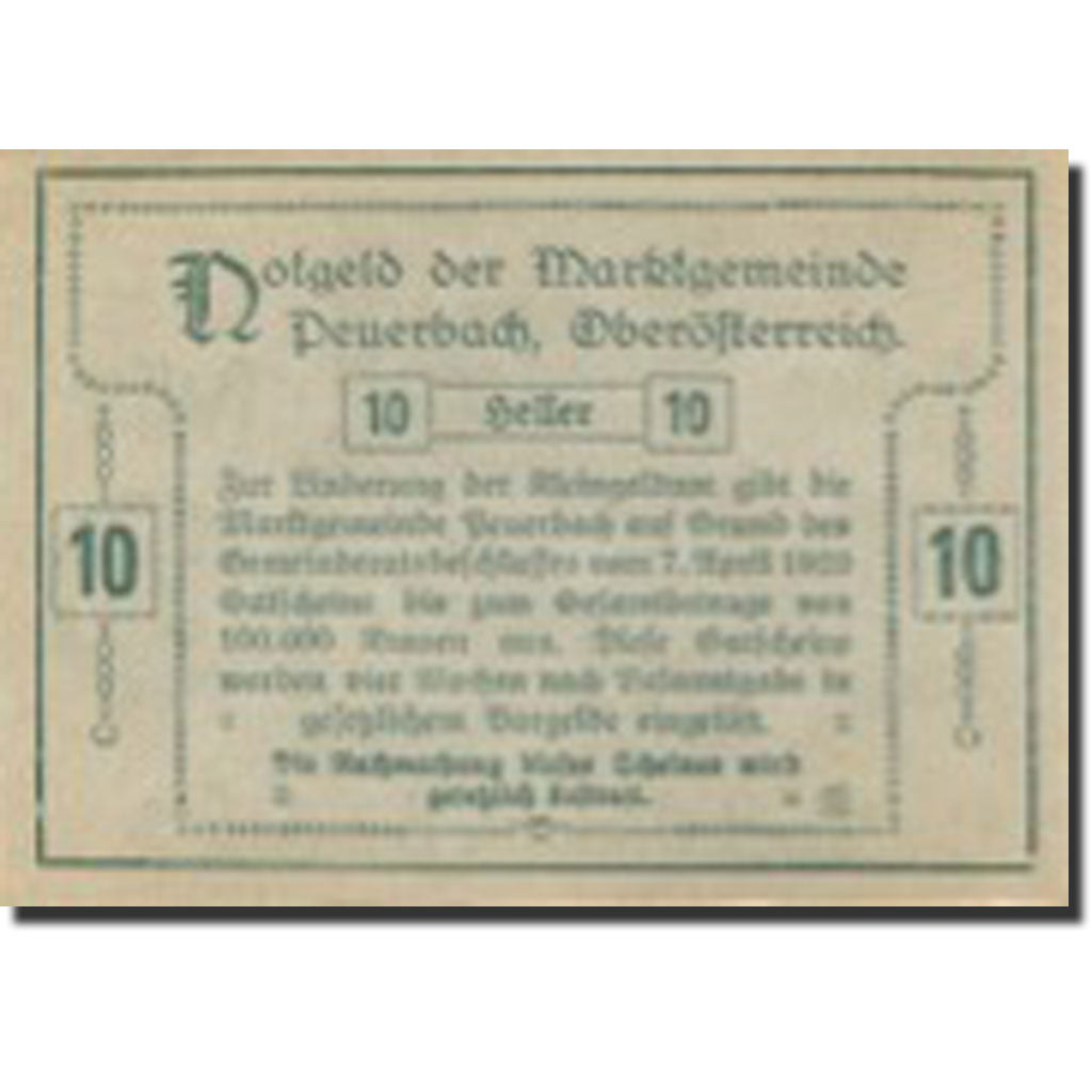 Banconote, Austria, Peuerbach, 10 Heller, village, 1920 SPL Mehl:FS 741IIa