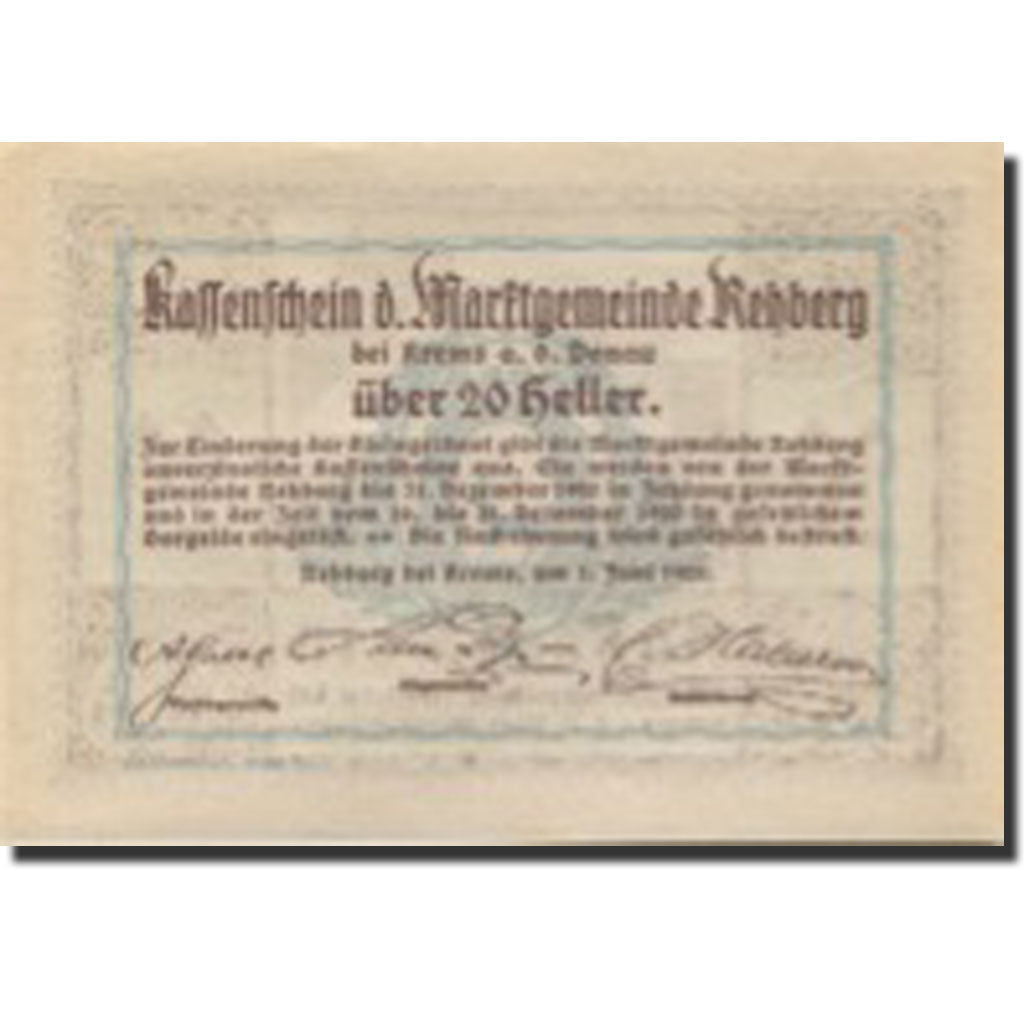 Banconote, Austria, Rehberg, 20 Heller, ruine 1920-12-31, SPL Mehl:FS 826