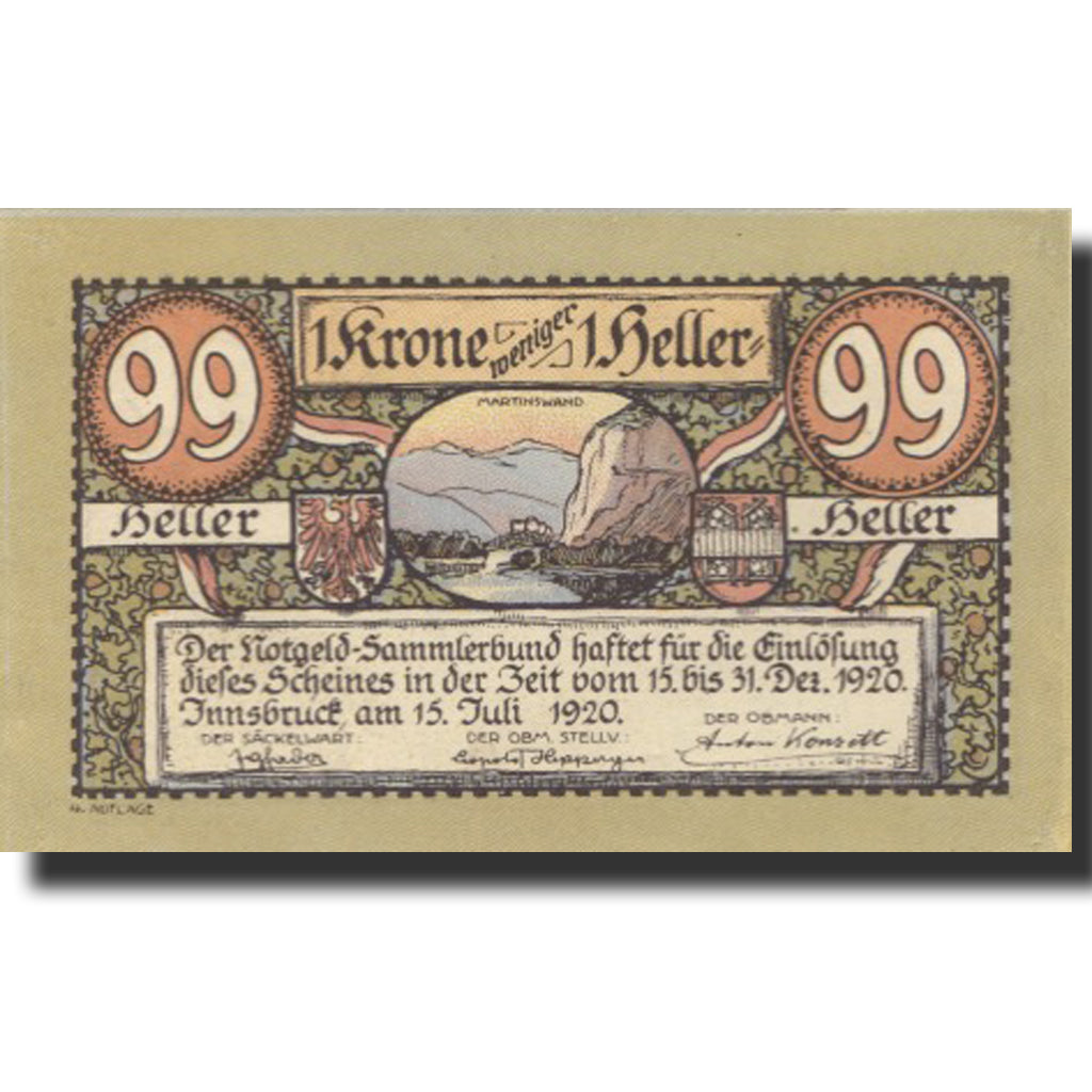 Banknote, Austria, Innsbruck, 99 Heller, montagne, 1920 UNC(63) Mehl:FS 412Ia