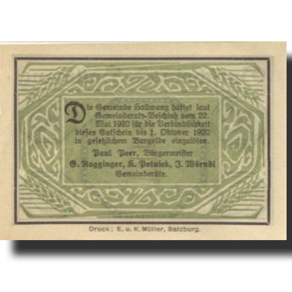 Banknote, Austria, Hallwang, 10 Heller, Monument, 1920 UNC(63) Mehl:FS 346a