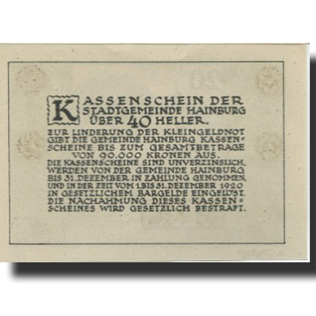 Banknote, Austria, Hainburg, 20 Heller, paysage, 1920 UNC(63) Mehl:FS 337a