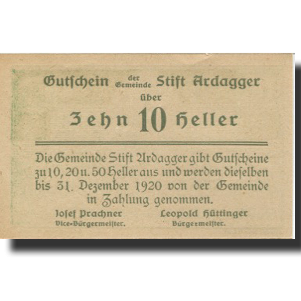 Banknote, Austria, Stift Ardagger, 10 Heller, Eglise, 1920 UNC(63) Mehl:FS 50b