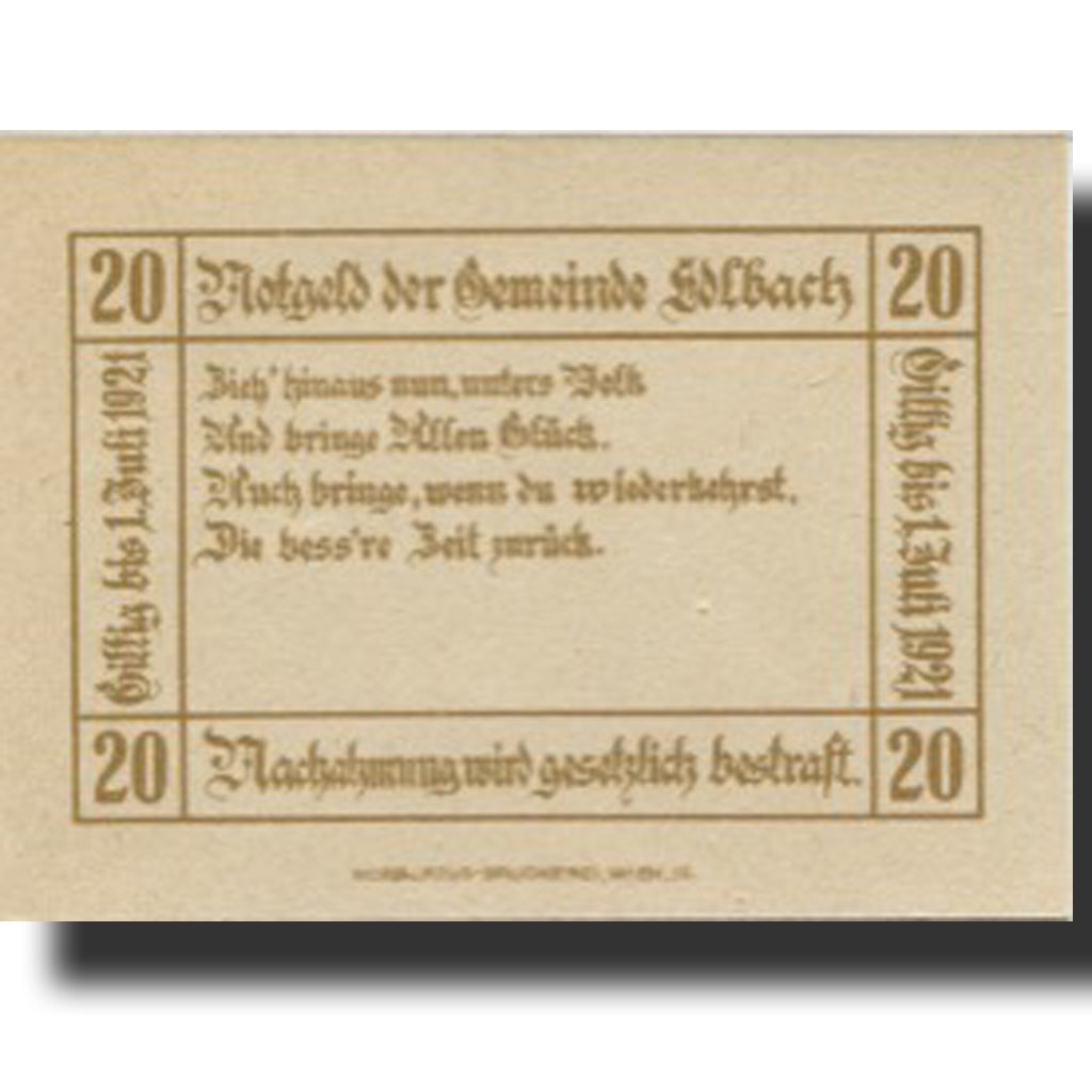 Banconote, Austria, Edlbach, 20 Heller, valeur faciale 1, 1921 SPL Mehl:FS150a