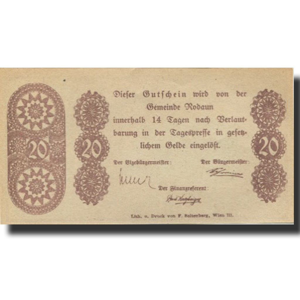 Banknote, Austria, Rodaun, 20 Heller, château, UNC(63), Mehl:FS 840IIa