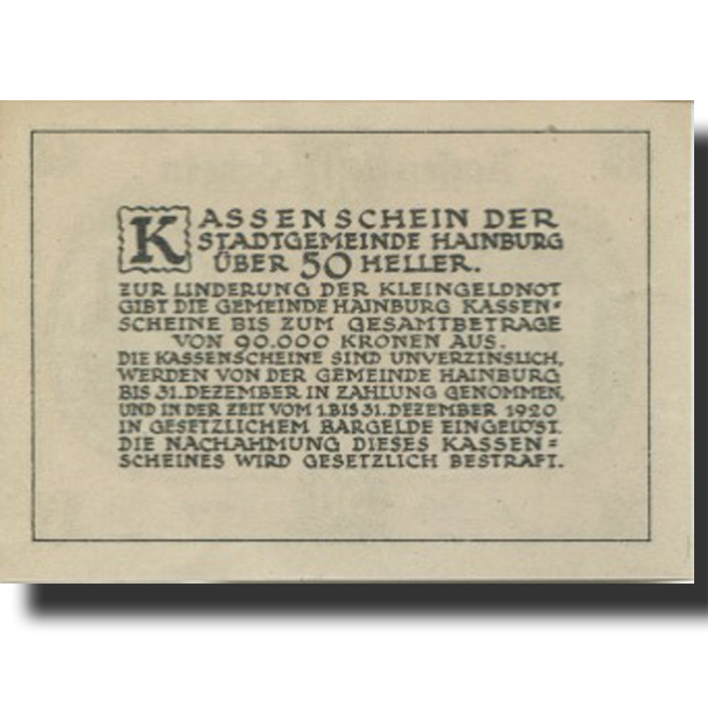 Banknote, Austria, Hainburg, 50 Heller, château, 1920 UNC(63) Mehl:FS 337a